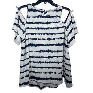 Mudpie Womens Cold Shoulder Blouse Short Sleeve Crepe Striped Size M